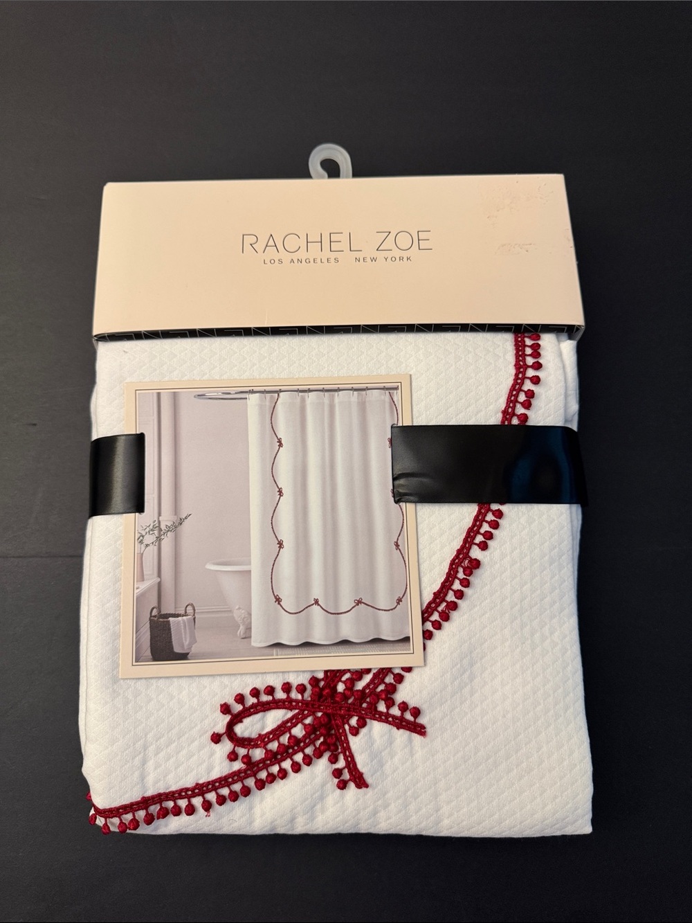 Rachel Zoe White Shower Curtain with Red Pom Pom/ Bows Accent - 72"x72"